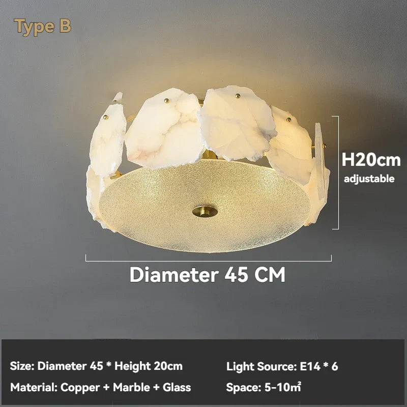Modern pendant light featuring a brass base, frosted glass center, and white marble led chandelier round accents