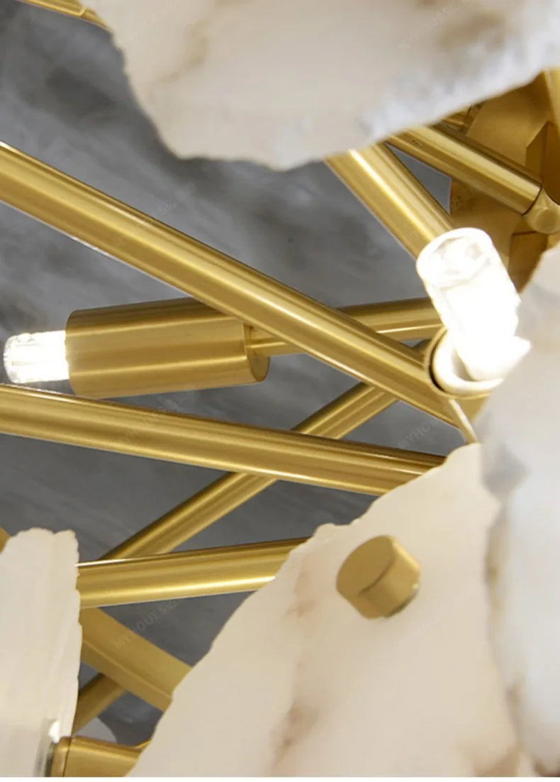 Gold-toned marble led chandelier round pendant light with intersecting rods and white marble like accents for interior lighting
