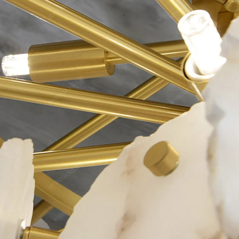 Gold-toned marble led chandelier round pendant light with cylindrical rods and frosted glass bulbs for modern decor