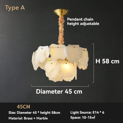 Marble led chandelier round pendant light with 45cm diameter brass frame and white petal-shaped shades