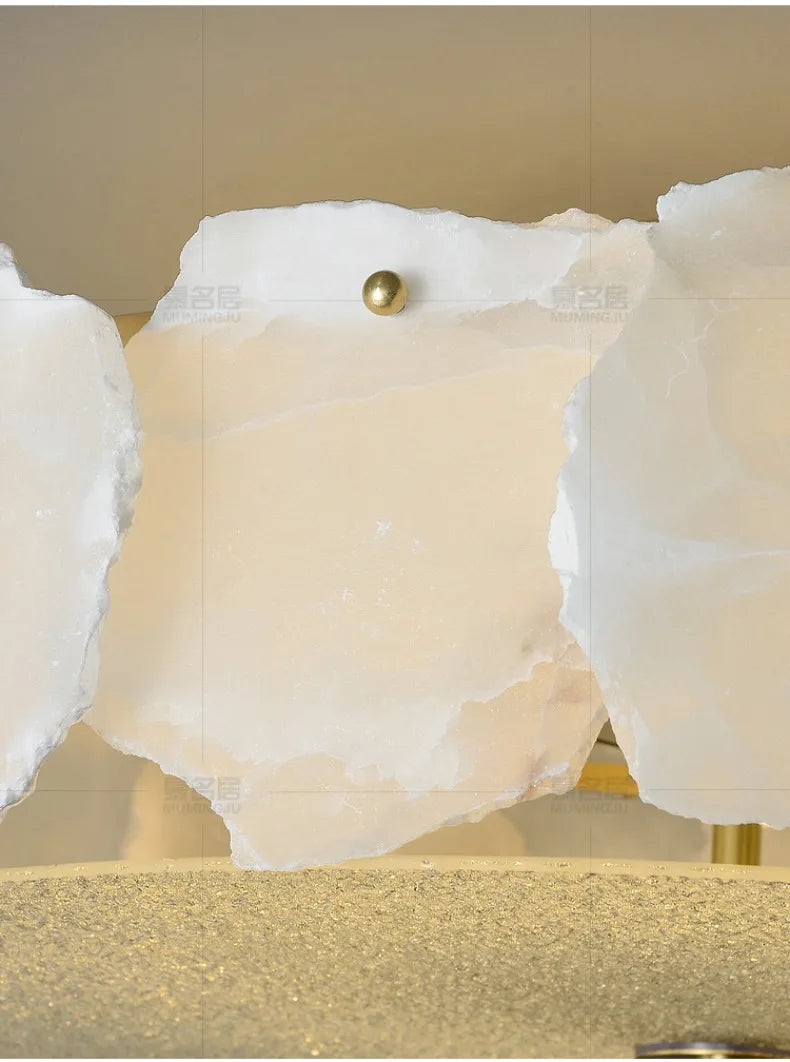 Marble led chandelier round pendant light featuring white translucent stone slabs with smooth polished surfaces and irregular edges