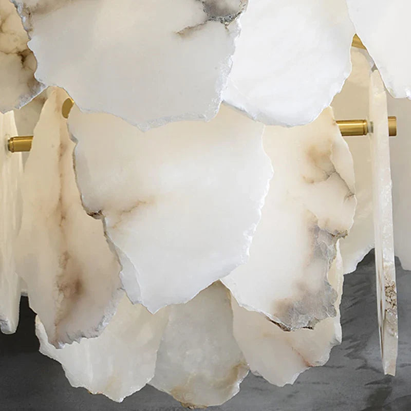 White and gray veined alabaster marble led chandelier round pendant light with gold-toned metal rods