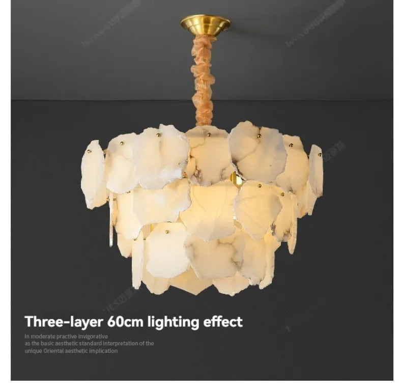 Marble led chandelier round pendant light with three layers of white and cream marble-like plates on gold stem