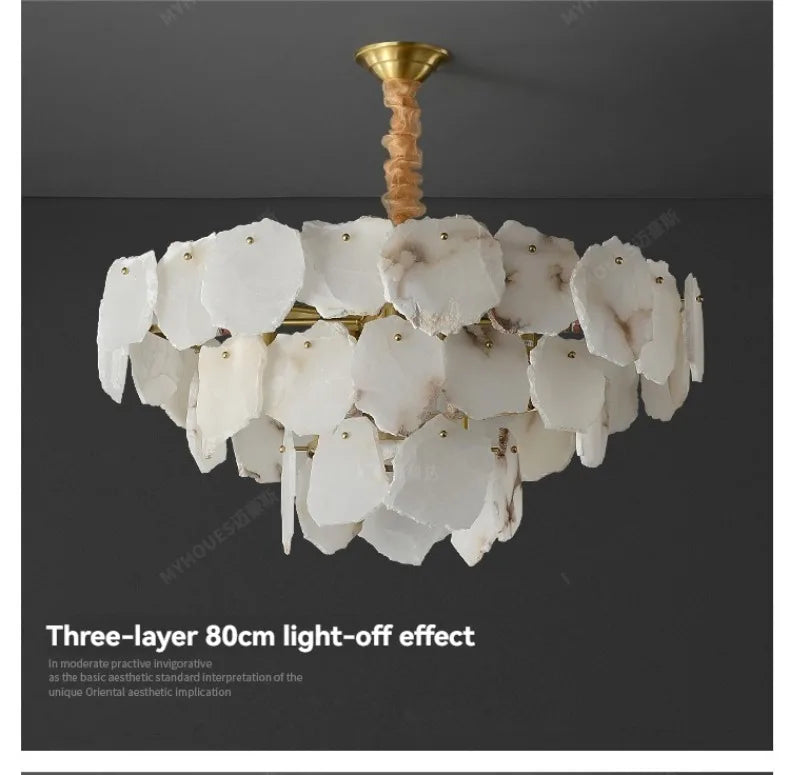 White three-layer marble led chandelier round pendant light with petal-shaped ceramic plates and gold-toned accents