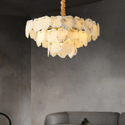 Marble led chandelier pendant light with layered irregular white stone plates suspended from twisted wooden cord