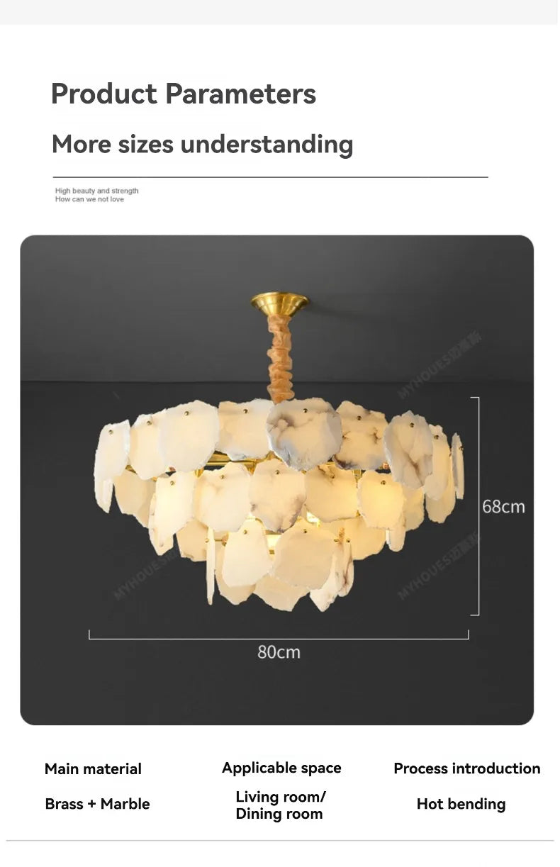 Modern marble led chandelier round pendant light with brass frame and layered white stone plates in concentric circles