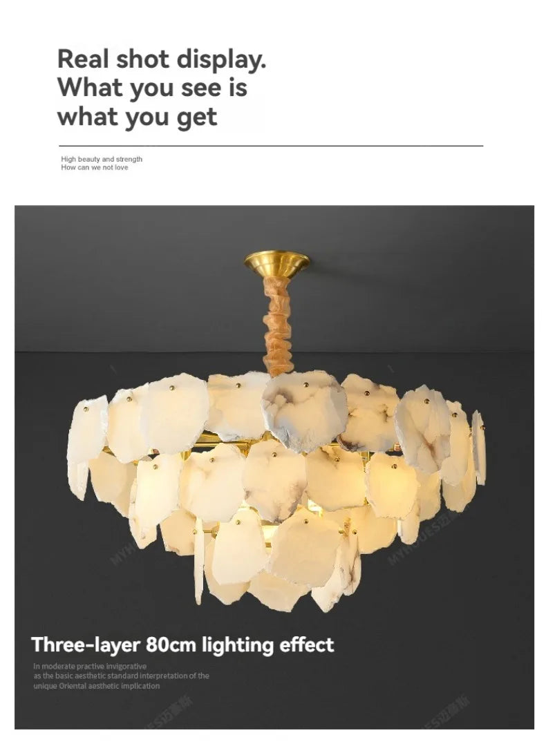Three-layer marble led chandelier round pendant light with brass stem and cascading white marble-like discs
