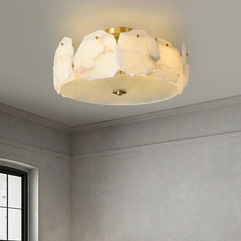 Marble led chandelier round pendant light with gold-toned metal frame and white petal-like glass shades