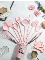 Marble pink silicone cooking tool set with kitchen storage container labeled kitchenware set for organized cooking