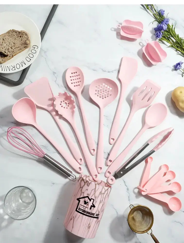 Marble pink silicone cooking tool set with kitchen storage container labeled kitchenware set for organized cooking
