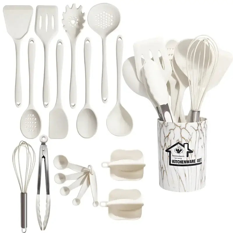 White silicone cooking tool set displayed in marble-patterned container from marble pink silicone cooking tool set collection