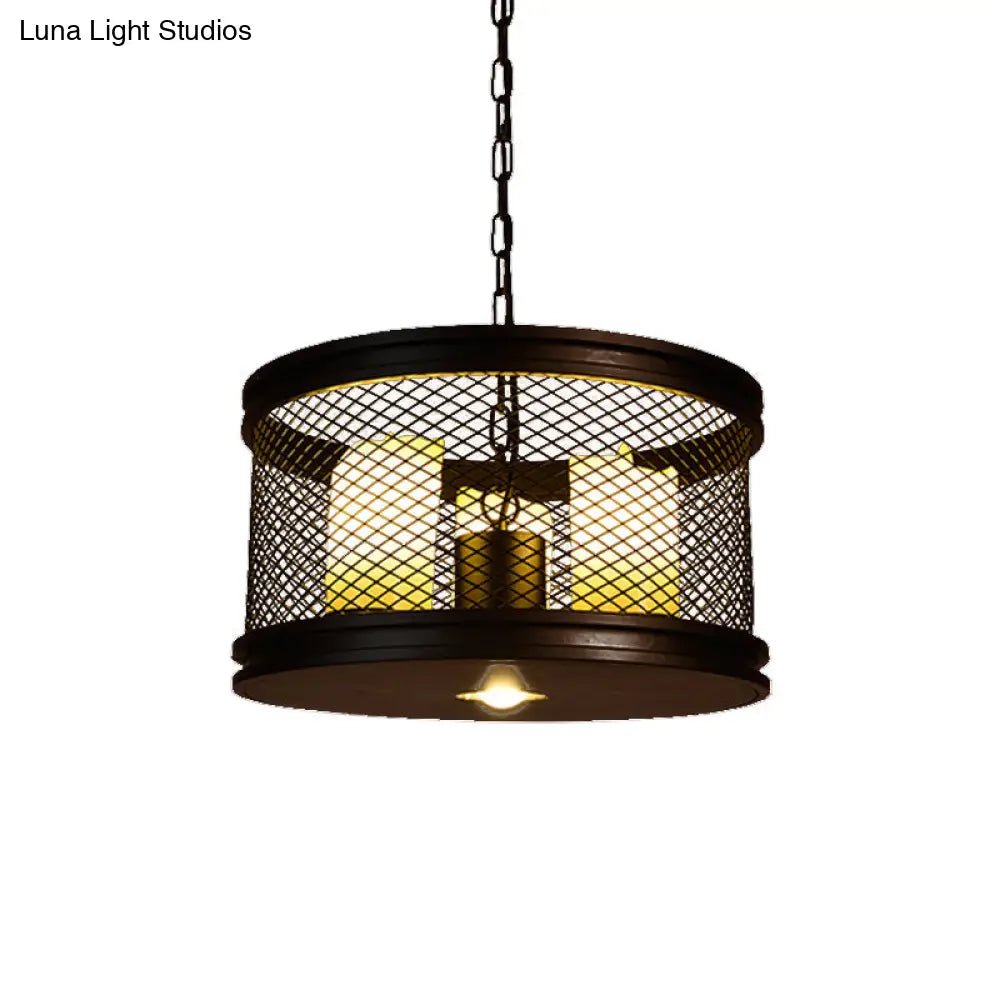 Marina - Industrial Black Drum Shade Chandelier Industrial Metal and Resin 3-Light Living Room Pendant Lighting Fixture with Cage