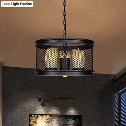 Marina - Industrial Black Drum Shade Chandelier Industrial Metal and Resin 3-Light Living Room Pendant Lighting Fixture with Cage