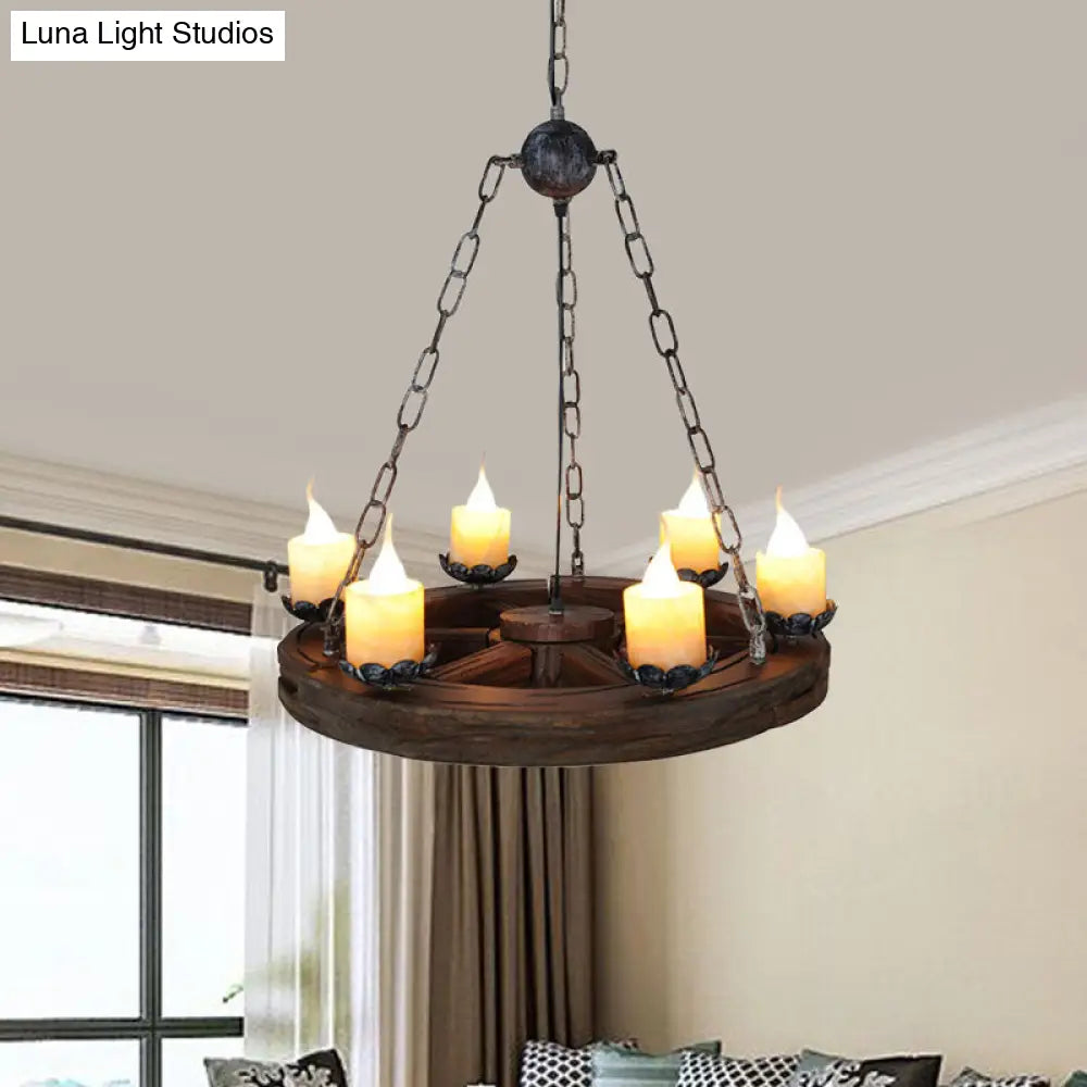 Marina - Marble Chandelier Lamp: Elegant 6-Head Pendant with Wood Wheel Design