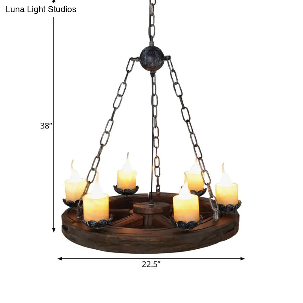 Marina - Marble Chandelier Lamp: Elegant 6-Head Pendant with Wood Wheel Design