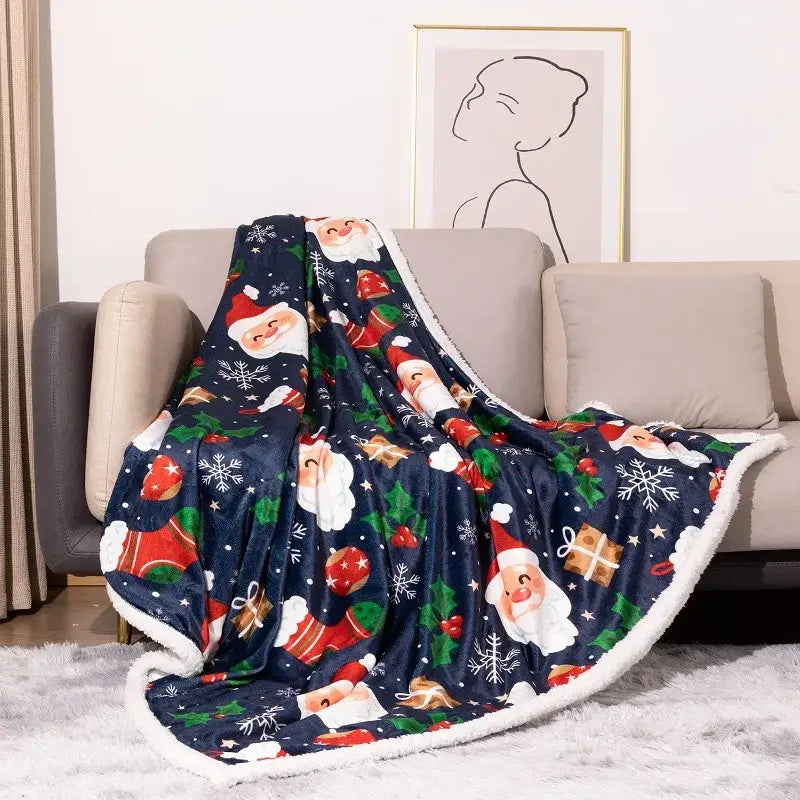 Maroon christmas decorbites cozy flannel blanket with festive santa snowflakes on navy plush fleece and white sherpa trim