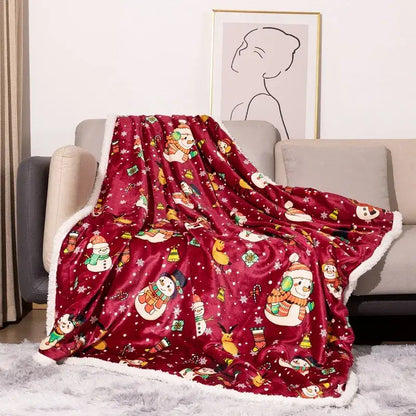 Maroon christmas decorbites cozy flannel blanket with snowmen reindeer and fleece trim for living room sofa use