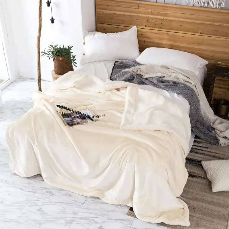Cream-colored sherpa throw blanket with soft textured surface decorbites cozy plush for bedroom use