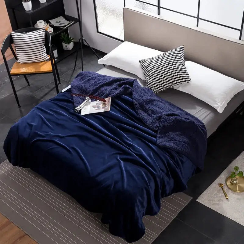 Deep navy blue cozy plush blanket with soft velvety texture sherpa throw by decorbites cozy plush for bedroom decor