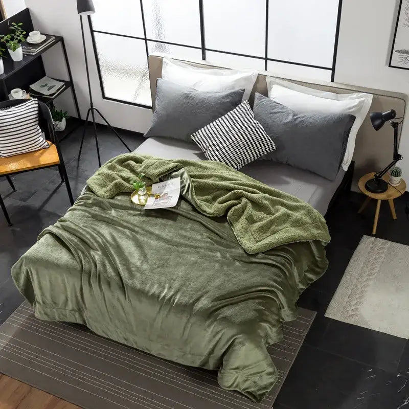 Olive green cozy plush blanket with soft textured surface from decorbites cozy plush sherpa throw collection