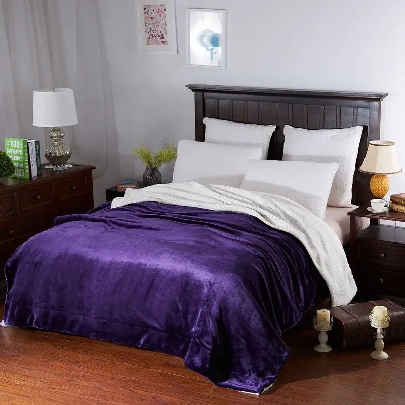 Purple cozy plush blanket with soft velvety texture and white fleece lining by decorbites cozy plush throw