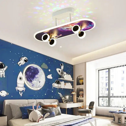 Marvel superhero cartoon skateboard ceiling light with purple and blue cosmic design for children’s room decorbites cartoon skateboard