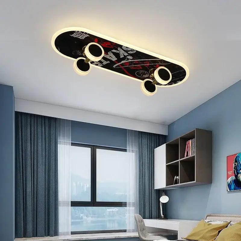 Black marvel superhero cartoon skateboard ceiling light with red white graphics and warm led decorbites cartoon skateboard