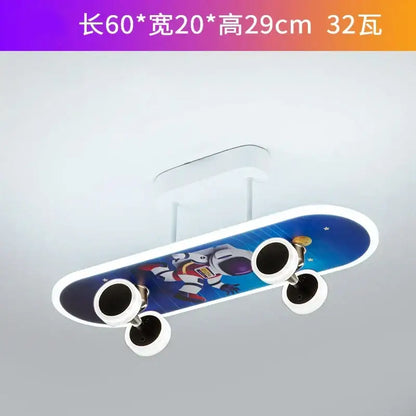 Blue cartoon skateboard ceiling light with white wheels and astronaut design by decorbites for children room decor