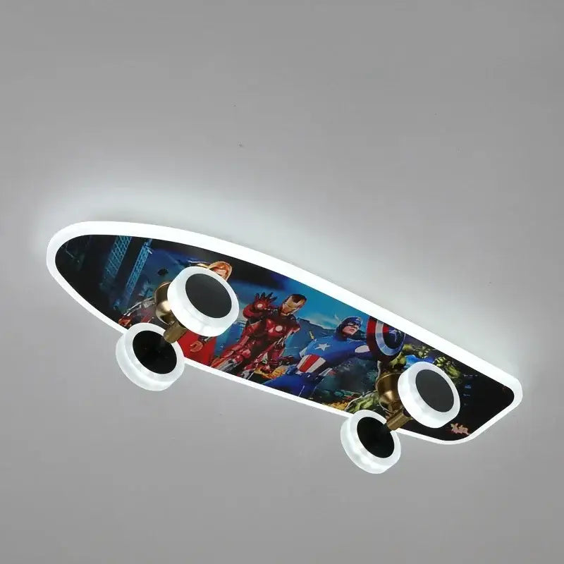 A sleek white-framed decorbites cartoon skateboard ceiling light featuring iron man and captain america for children room