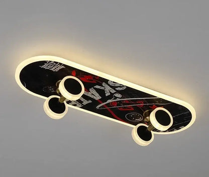 Marvel superhero cartoon skateboard ceiling light with black base, red white graphics, and four circular led bulbs for children room decorbites cartoon skateboard ceiling