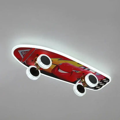 Marvel superhero cartoon skateboard ceiling light fixture in red and yellow with white wheels and black checkered accents for children room decorbites cartoon skateboard