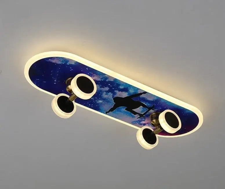 A decorbites cartoon skateboard ceiling light with cosmic galaxy print and skater silhouette for children room decor