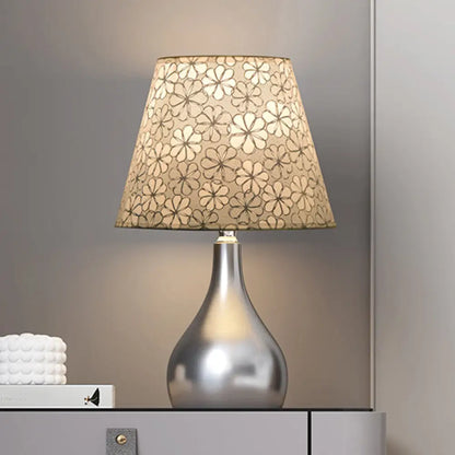 Mathilde - Conic Conic Table Light Modern Fabric 1 Light Grey Floral Patterned Night Lamp with Gourd Silver Metal Base