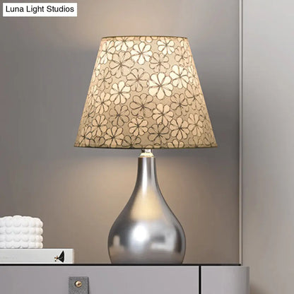 Mathilde - Conic Conic Table Light Modern Fabric 1 Light Grey Floral Patterned Night Lamp with Gourd Silver Metal Base