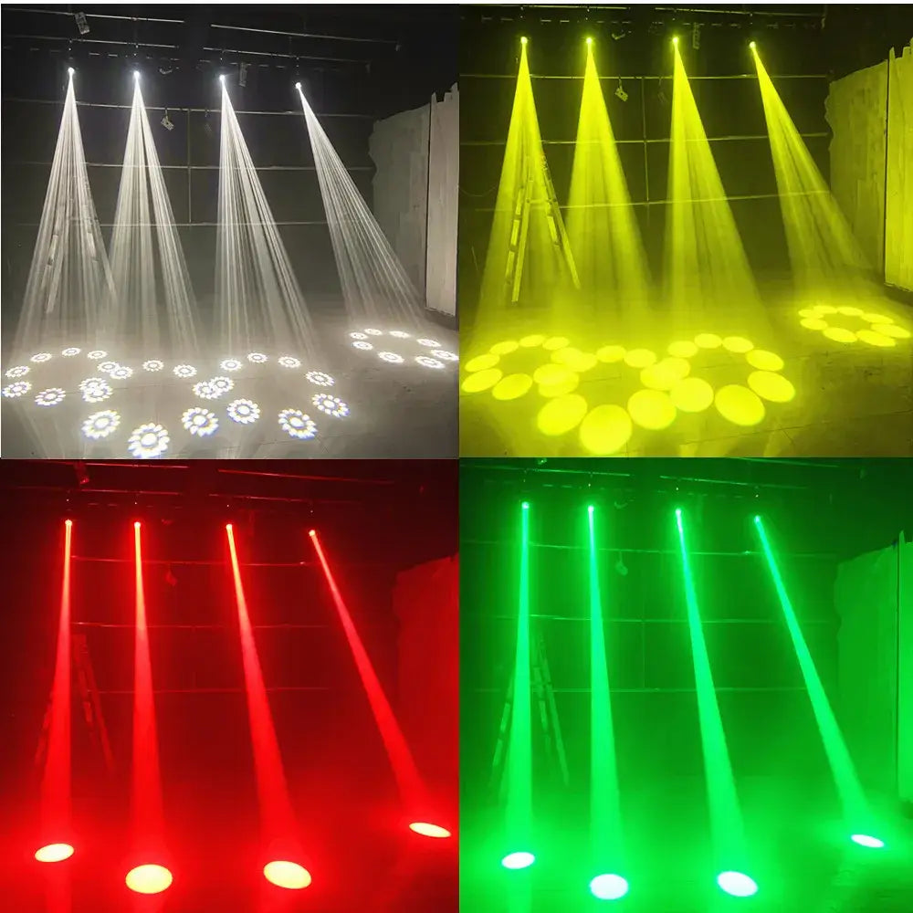 Matte black decorbites 120w moving head light stage spotlight emitting white yellow red and green beams in four panels