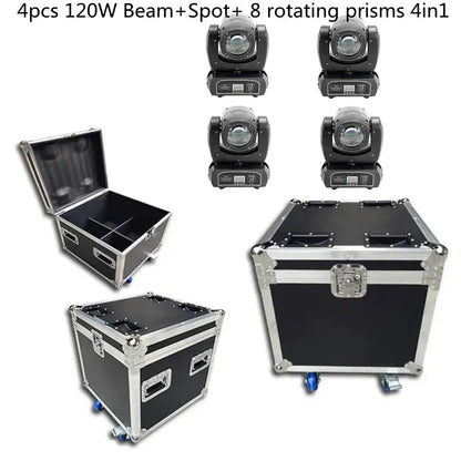 Matte black decorbites 120w moving head light with silver flight case, reinforced edges, latches, and blue wheels for living room