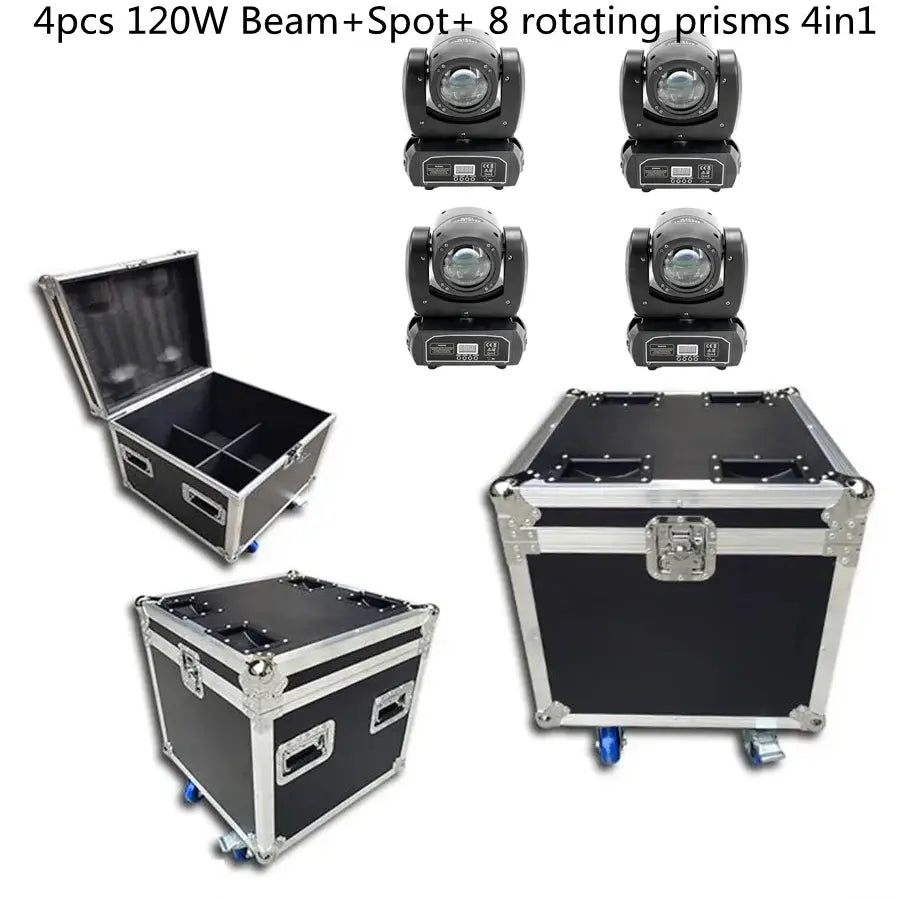 Matte black decorbites 120w moving head light with silver flight case, reinforced edges, latches, and blue wheels for living room