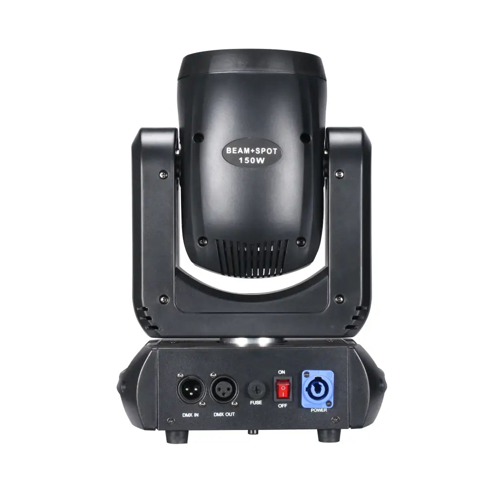 Matte black 150w mini led moving head stage light back view with dmx ports power switch and fuse slot for party room use