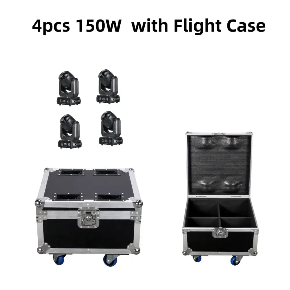 Matte black flight case with blue wheels designed to hold four 150w mini led moving head stage lights