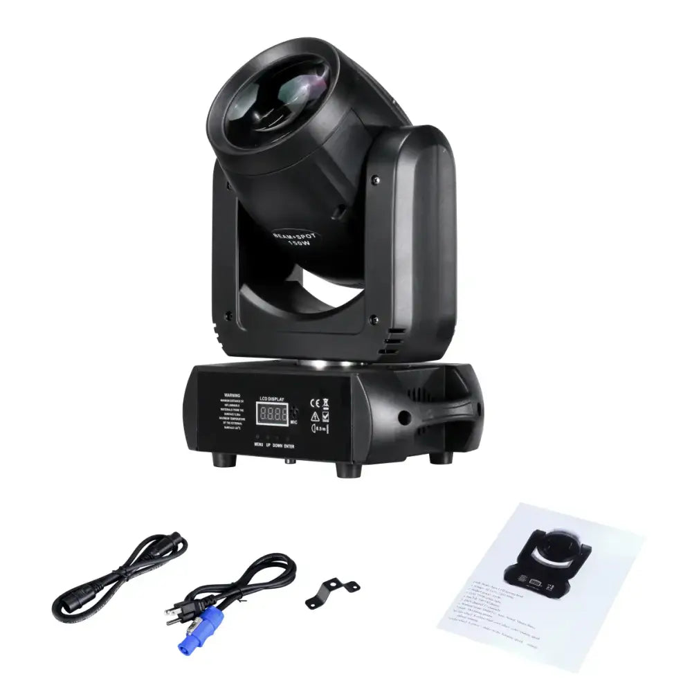 Matte black 150w mini led moving head spotlight with sleek angular design and prominent lens housing for party room