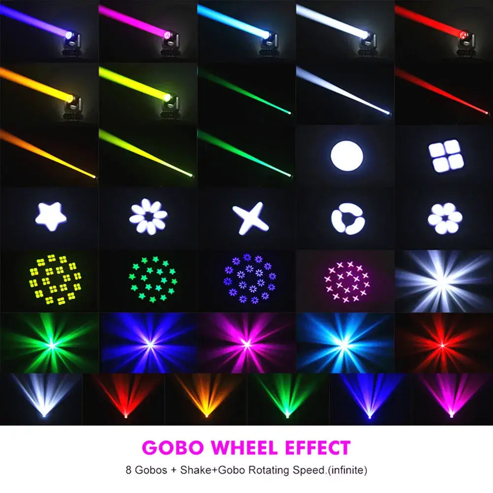 Matte black 150w mini led moving head stage light projecting vibrant colorful beams and intricate gobo patterns