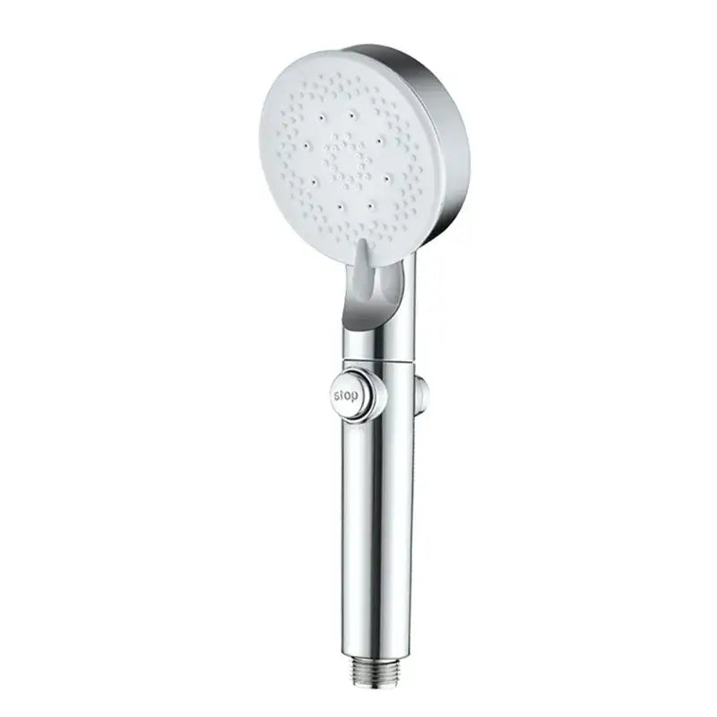 Silver handheld shower head with white spray face and textured nozzles for a decorbites adjustable shower experience