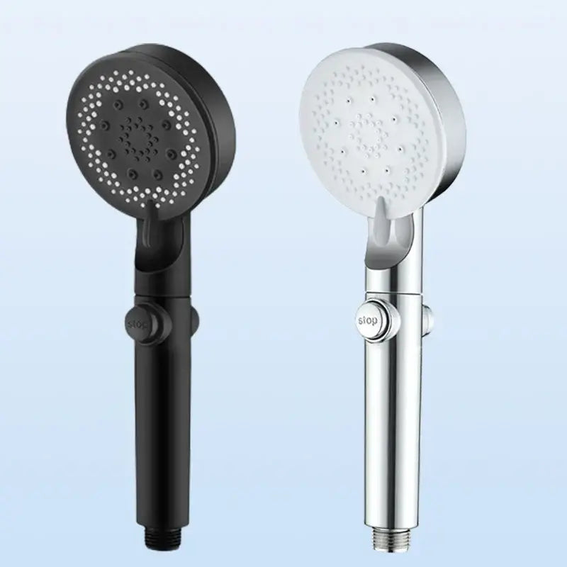 Two handheld shower heads matte black and chrome featuring five modes high pressure and decorbites adjustable stop button