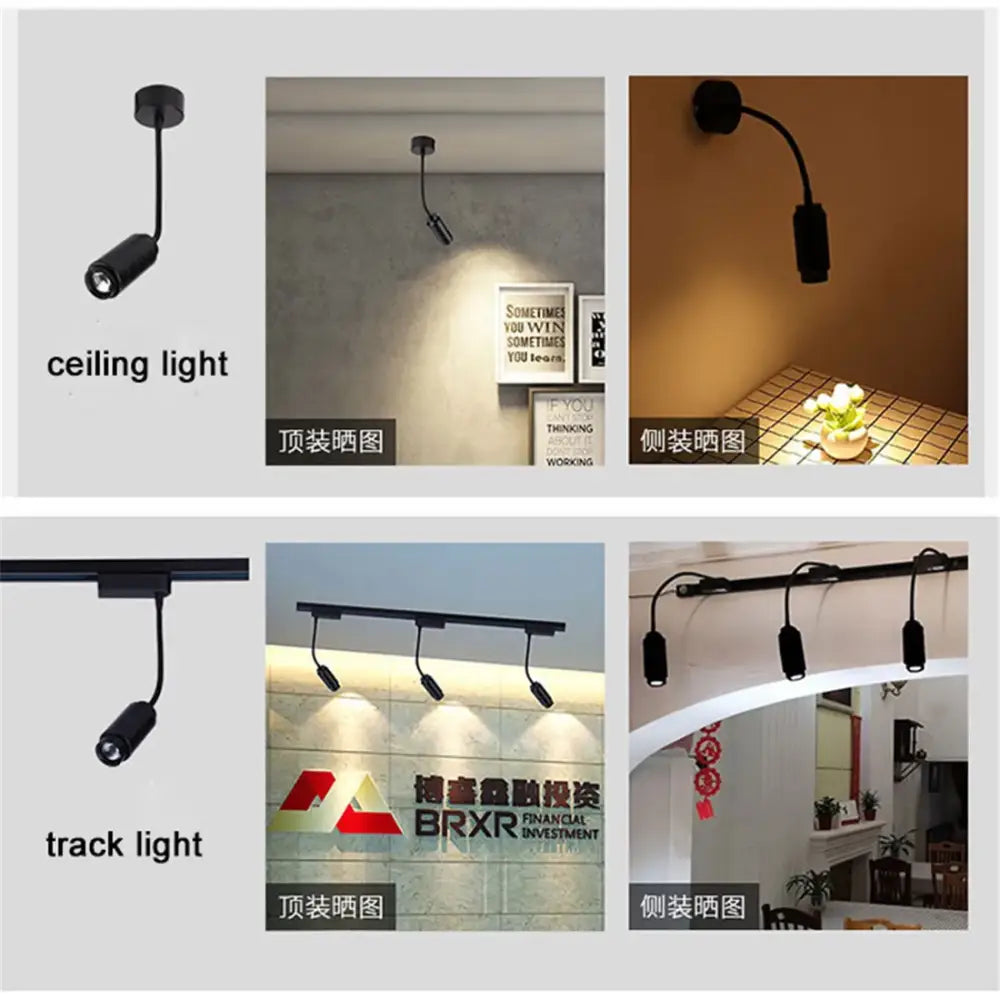 Matte black adjustable beam track light with cylindrical design and flexible gooseneck arms for store task lighting