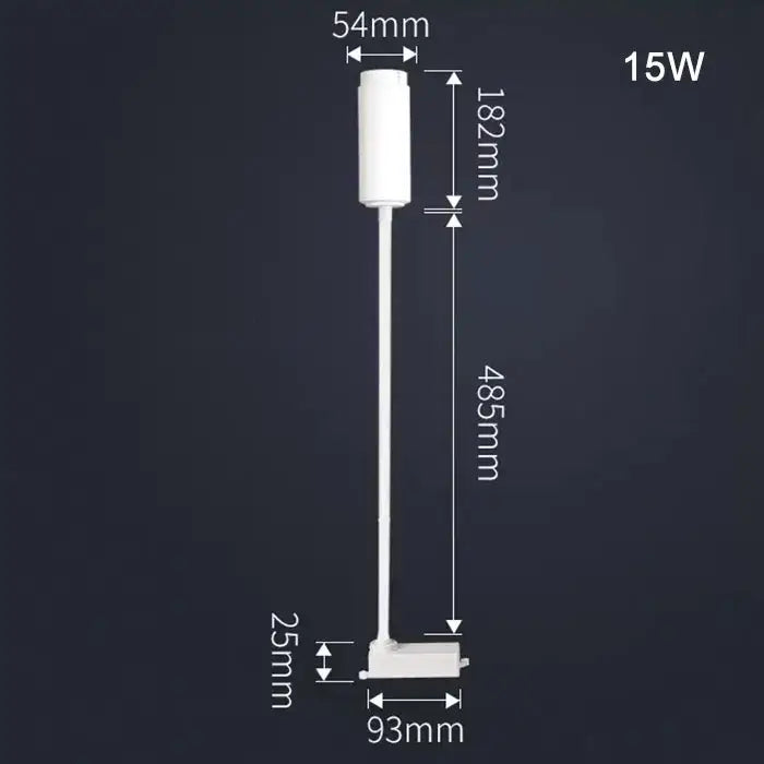 White 15w track light with cylindrical head and slender stem featuring a decorbites adjustable beam for task lighting