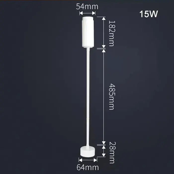 White cylindrical led floor lamp with precise dimensional markings paired with matte black decorbites adjustable beam track light for task lighting