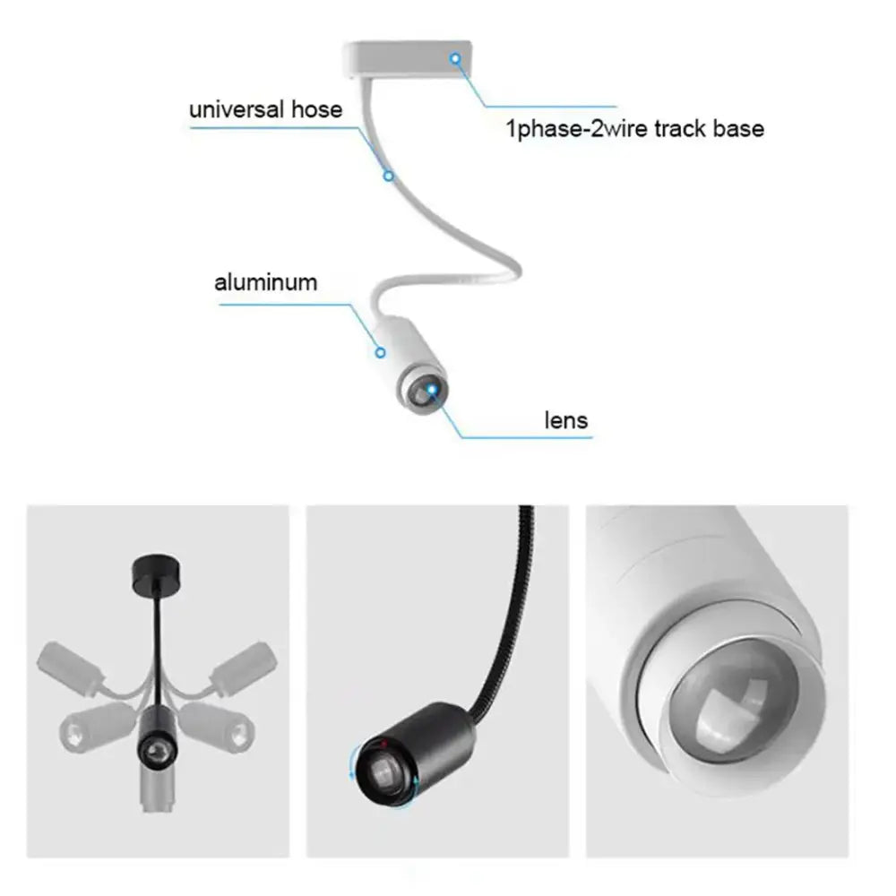 White cylindrical track light with adjustable beam, flexible hose, aluminum housing for store task lighting decorbites adjustable beam