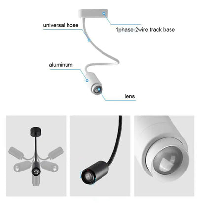 White cylindrical track light with adjustable beam, flexible hose, aluminum housing for store task lighting decorbites adjustable beam