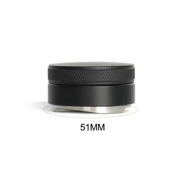 Matte black adjustable palm tamper with a textured handle and 51mm metallic base for coffee distribution