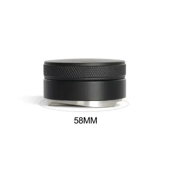 Matte black adjustable palm tamper with textured handle and silver 58mm base coffee distributor tool